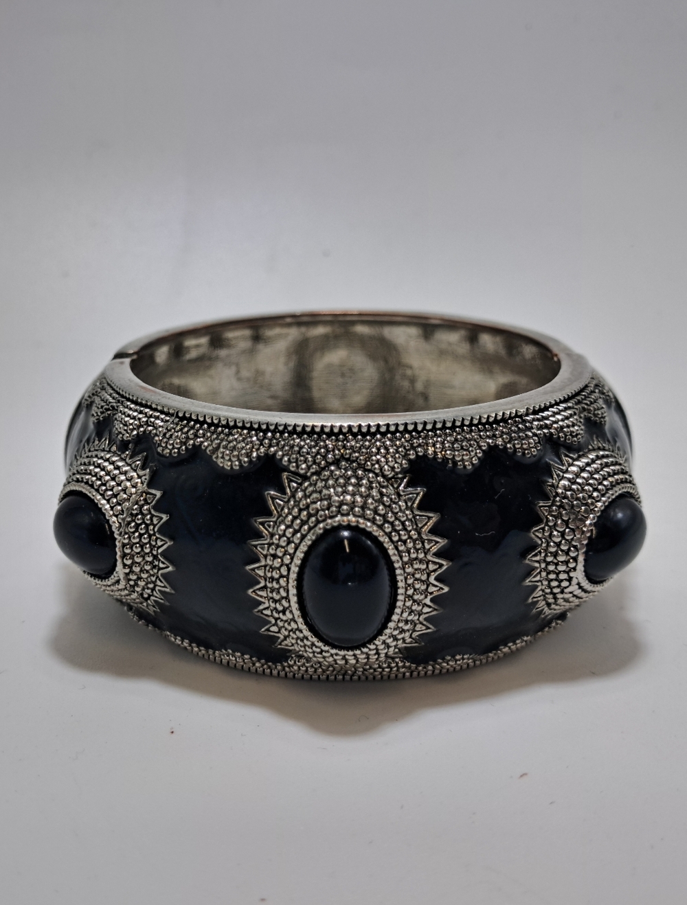 Black Stone Silver-Tone Accent Hinge Bangle Bracelet